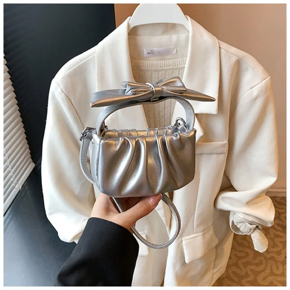 

Простая однотонная сумка через плечо с бантом, милая плиссированная сумка через плечо из искусственной кожи в корейском стиле с бантом, женская сумка