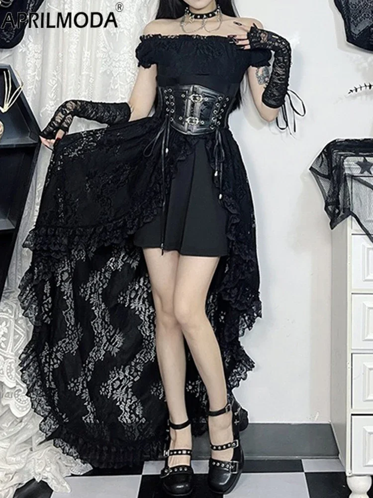 Halloween Punk Gothic Lace Midi Long Dress Slash Neck Short Sleeve Academia Harajuku Streetwear Fairycore Grunge Black Dresses