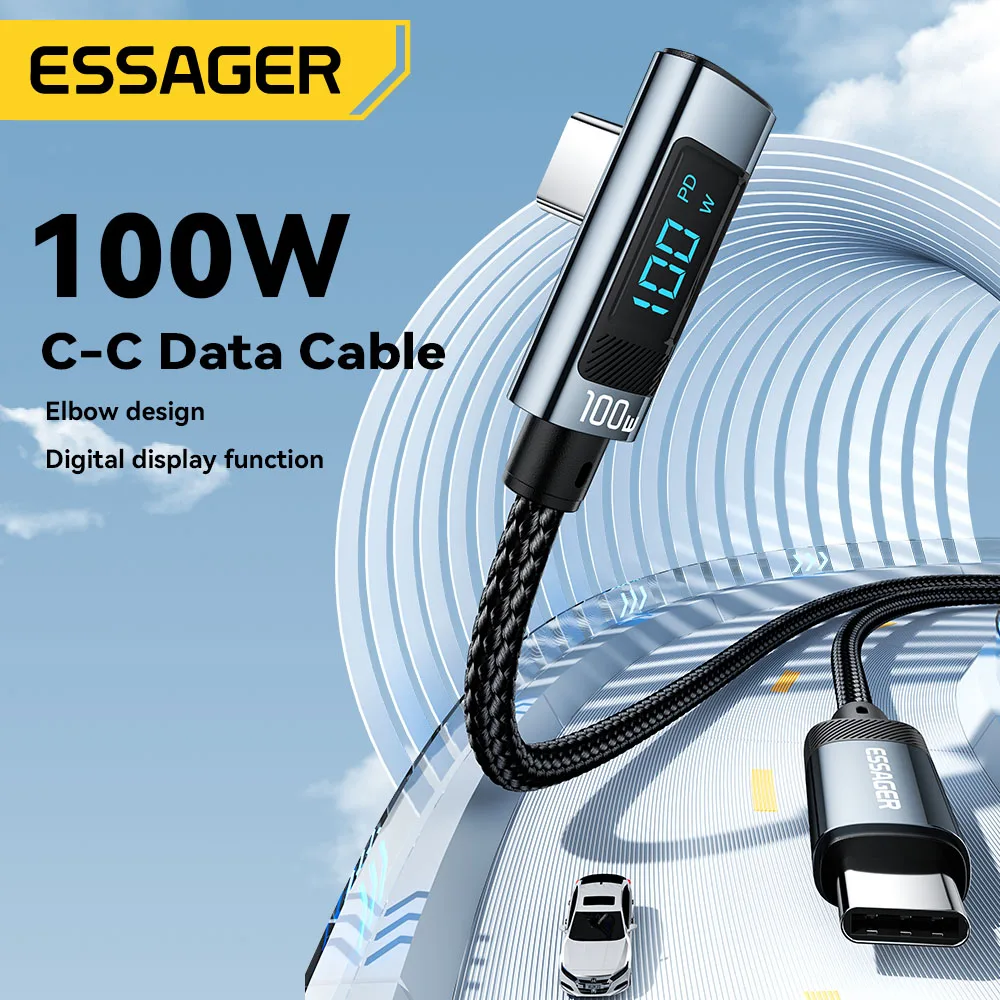 Essager PD100W USB Type C Cable 90 Degree 5A Fasting Charing For Macbook Xiaomi Samsung Huawei Laptops LED Digital Display Cable