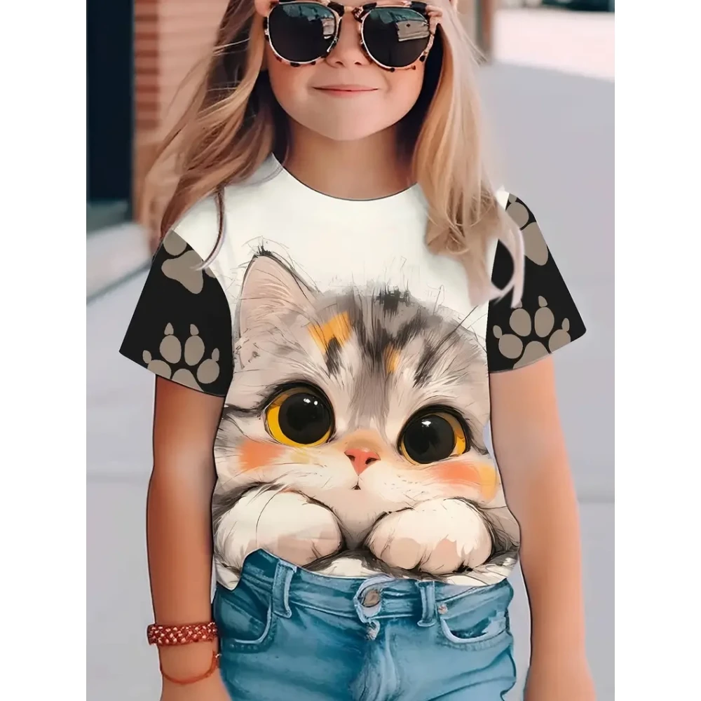 Mädchenkleidung, süße Katze, kurze Ärmel, grafische T-Shirts, 3D-Druck, Sommer-Outdoor-Kleidung für Kinder, Tops, T-Shirt für Mädchen, 2–10 Jahre – Detail 6
