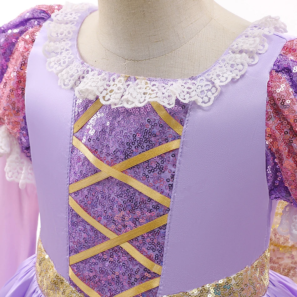 Rapunzel Long Sleeve Princess Dress Girls Cosplay Sequin Bow Purple Gown Birthday Frock Children Carnival Halloween Party Outfit