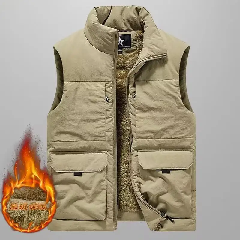 Men's Plush Thick Vest Workwear With Multiple Pockets For Outdoor Camping Mountain Climbing Warm Vest Coat Printed With Logo