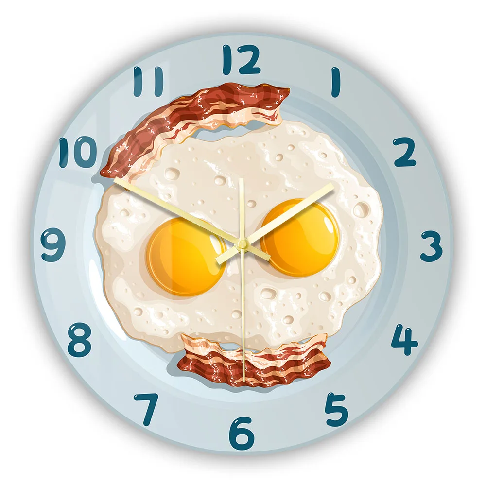 Scrambled Eggs With Bacon On A Plate Breakfast Inspired Wall Clock For Home Kitchen Dining Room Sunny Day Smiley Face Wall Watch