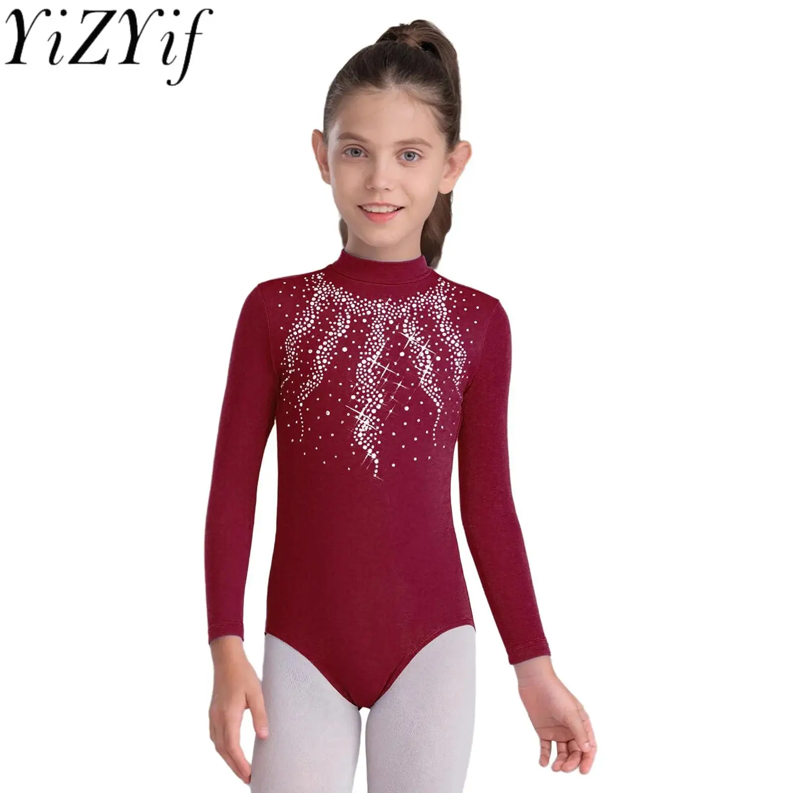 

Kids Girls Thin Fleece Lined Ballet Warm-up Dance Leotard Long Sleeve Shiny Rhinestone Bodysuit for Gymnastics Figure Skating