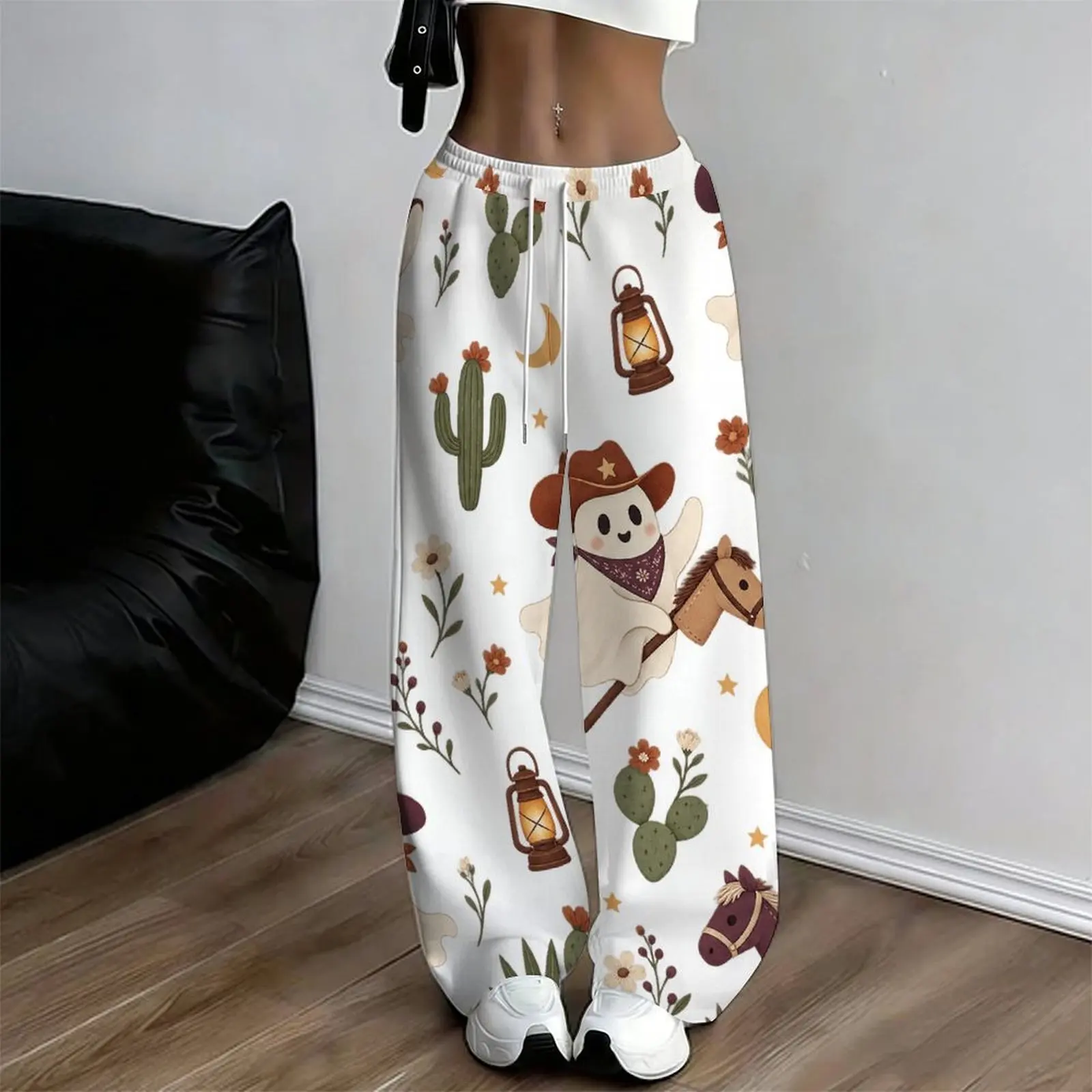 Women White Printed Loose Straight Leg Full Length Pants Bat Horseshoe Floral Star Pattern Casual Trousers