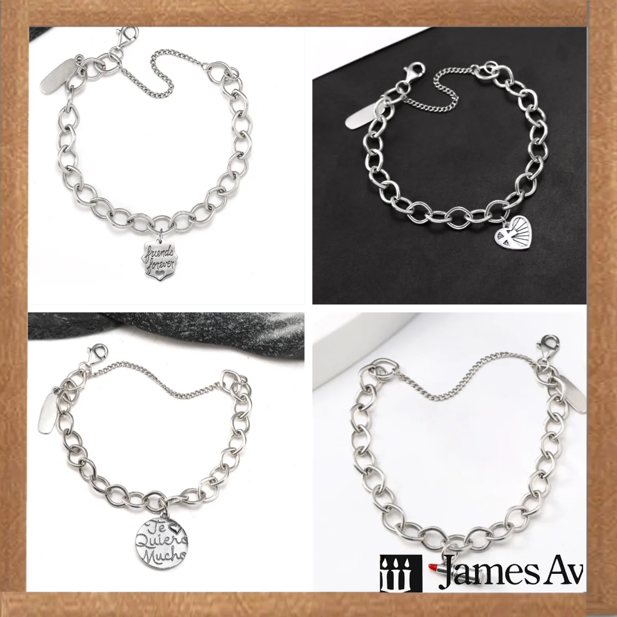 Pulsera de Plata S925 con Dijes Oxidados Vintage, Amigos Para Siempre, Corazón, Cruz, Te Quiero, Colgante de Lápiz Labial, Joyería de Regalo para Mujer