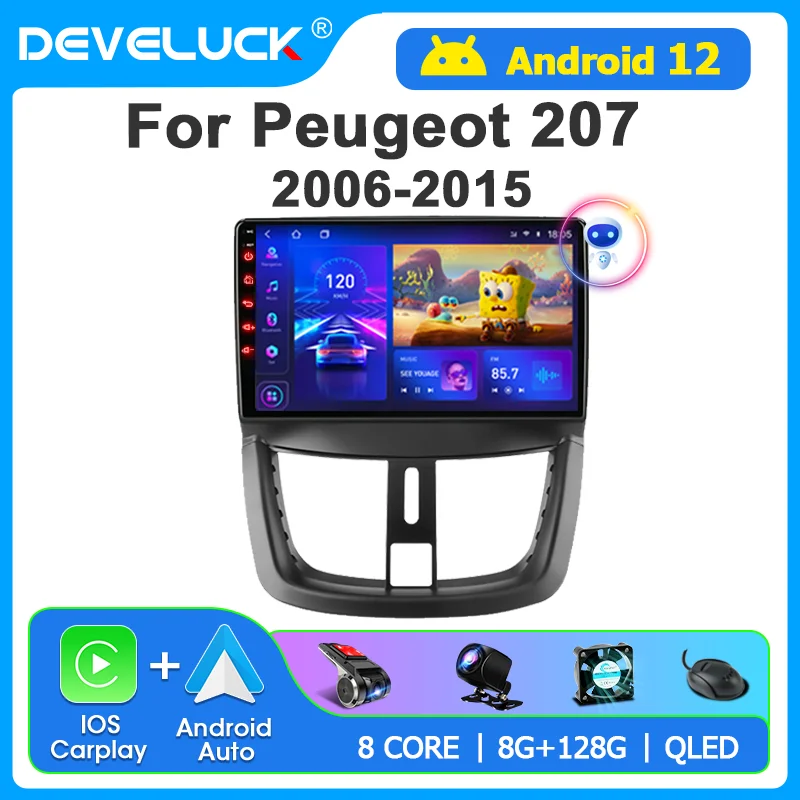 Android 12 2 Din Car Radio Multimedia Video Player For Peugeot 207 CC 207CC 2006-2015 4G Carplay Stereo GPS Navigation Wifi DVD 