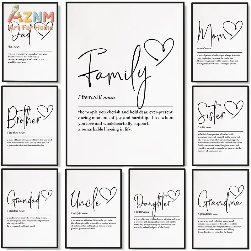 AZNM Minimalist Family Definition Canvas Wall Art Mom Dad Sister Brother Heart Cursive Text Quote Print Unframed Canvas Painting