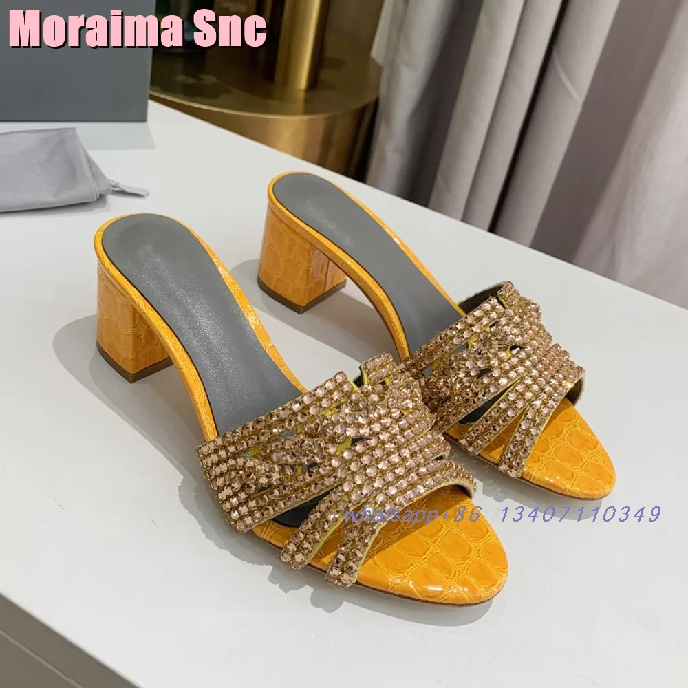 Luxury Crystal Bling Round Toe Slippers Crocodile Pattern Block Chunky Heel Slip On Fashion Women's Summer Slides Outdoor 2025