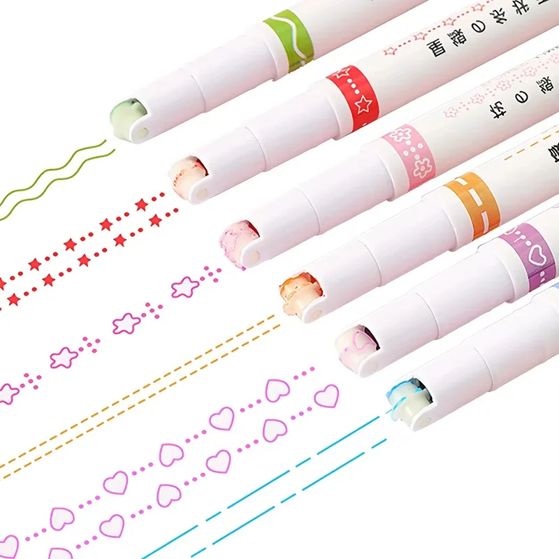 6Pcs/Set Colored Curve Pen Flower Shape Outline Roller Pen Decorative Prop For Diary Project Stationery School Office Supplies