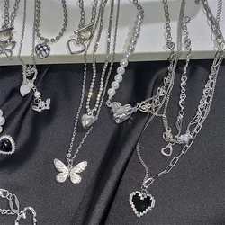 Trendy Hollow Love Heart Shaped Pendant Necklace Chain Shiny Women 2022 Irregular Y2K Jewelry Silver Color Choker Jewelry Gift