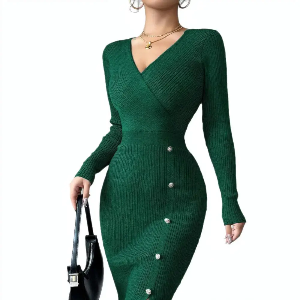 Womens Autumn Winter Knit Dress French Style Slim Bodycon V Neck Long Sleeve High Waist Casual Party Commuter Dresses