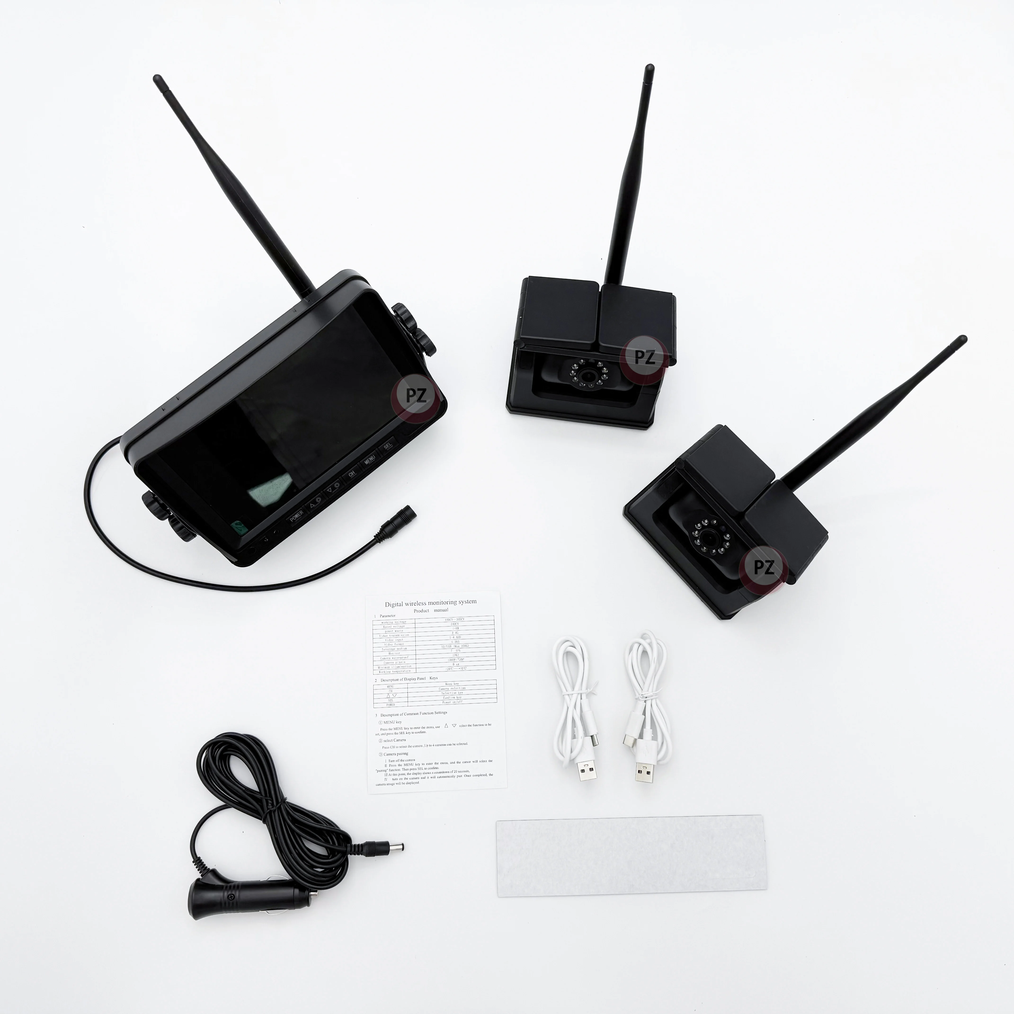 7 Inch Wireless AHD 1080P Truck Monitor with 2CH Backup Rechargeable Wireless Camera BSD Pedestrian Detection System for Truck