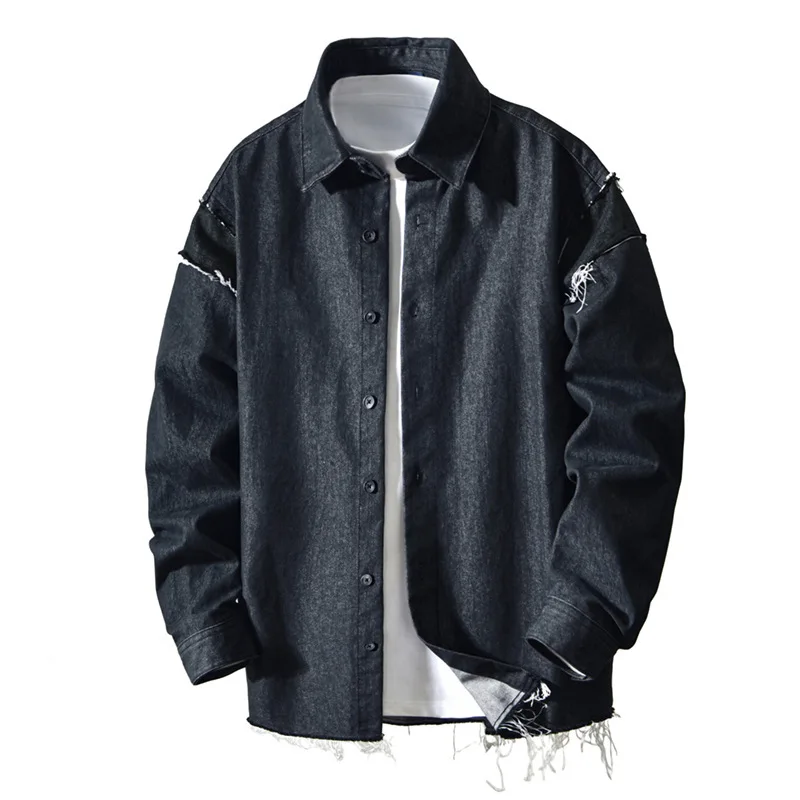 

Мужская джинсовая рубашка с потертостями — тяжелая стираная куртка-рубашка с длинными рукавами и деконструированным стилем, осенний размер больших размеров