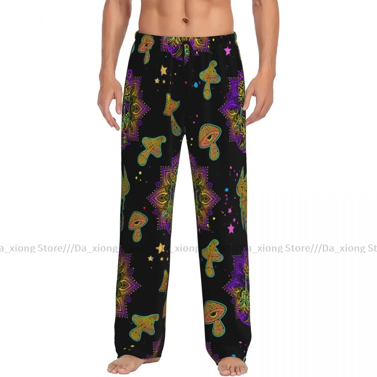 Mens Casual Pajama Long Pant Loose Elastic Waistband Fox Mandala Head Psychedelic Cozy Sleepwear Home Lounge Pants