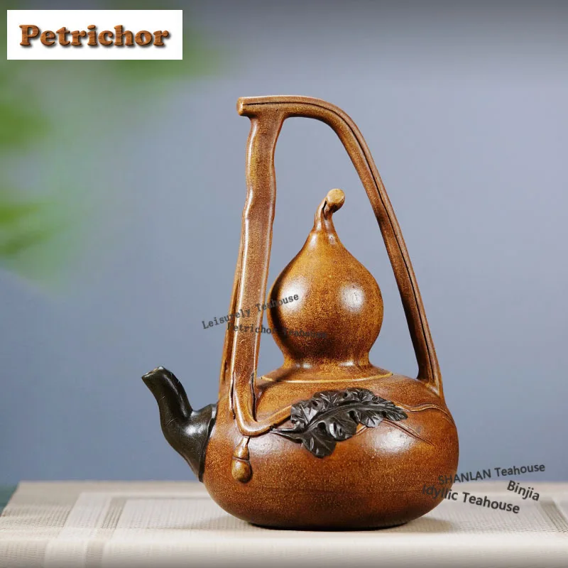 420ml Yixing Purple Clay Teapots Artists Handmade Gourd Lifting Handle Pot Raw Ore Section Mud Tea Brewing Kettle Zisha Tea Set