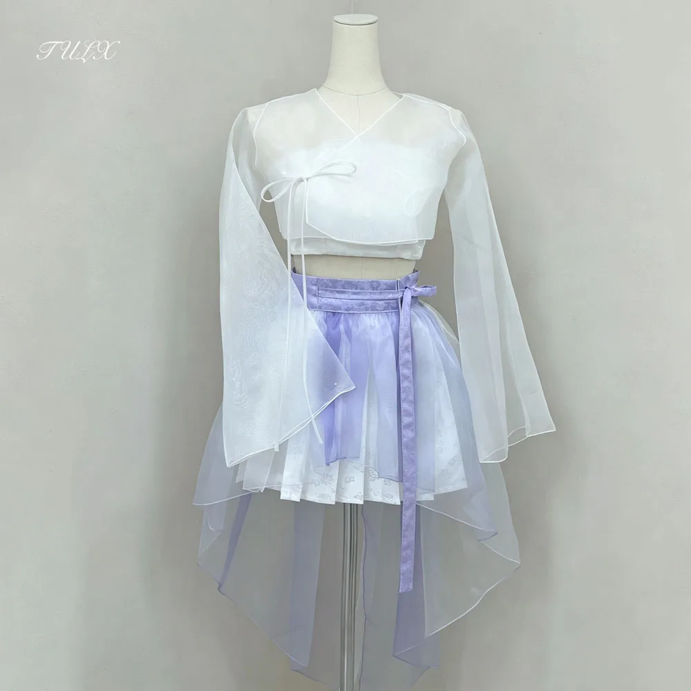 TULX White Strapless Satin Lace Appliques Party Dress 2pcs Concert Hanbok Short Korean Organza High Low Evening Dress Customized