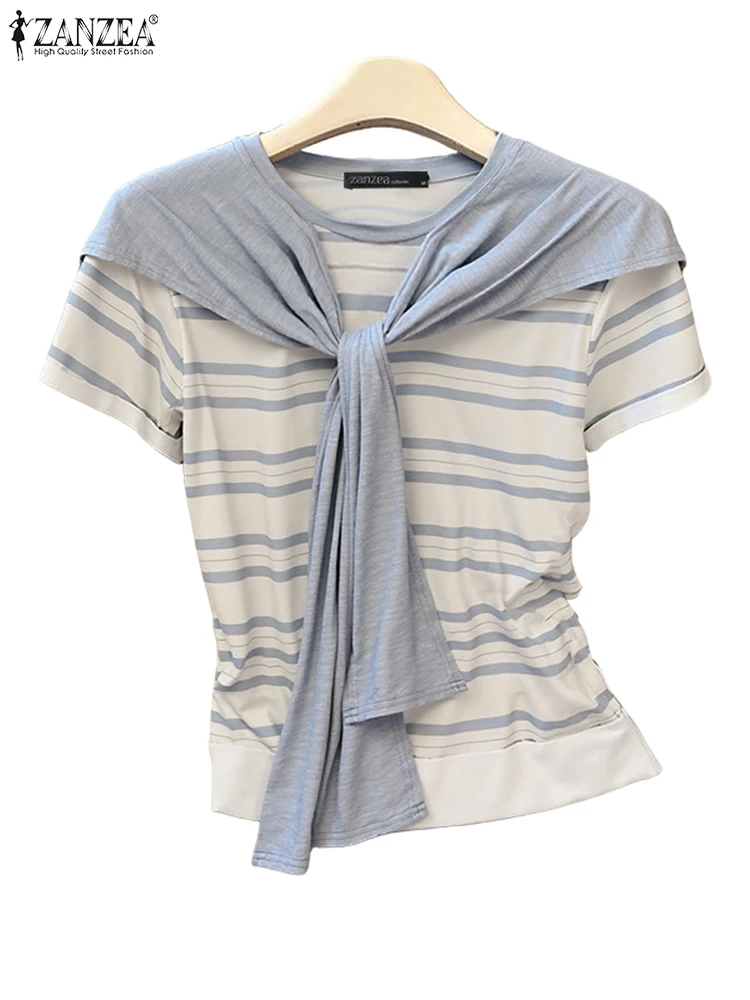 ZANZEA 2025 Vrouwen Streep Blouse Casual Losse Sjaal Tops Mode O-hals Tuniek Oversized Patchwork Korte Mouw Trui S-3XL