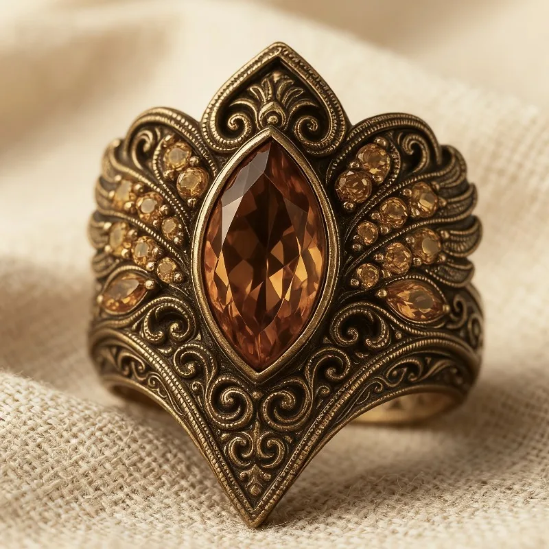 Vintage Oxidized Brass Wide Statement Ring Marquise Amber Crystal Ornate Scroll Wing Engraved Large Cocktail Ring Retro Antique