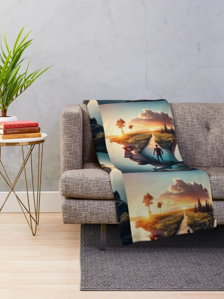 una convincente fotografía de doble exposición que fusiona a la perfección la presencia de un hombre y las maravil Throw Blanket