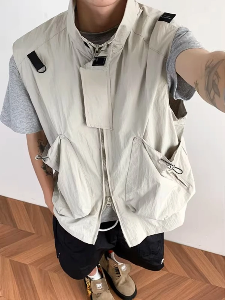 

Мужской функциональный жилет с воротником-стойкой и карманами, модный летний свободный жилет без рукавов с множеством карманов, повседневная верхняя одежда для многослойных образов
