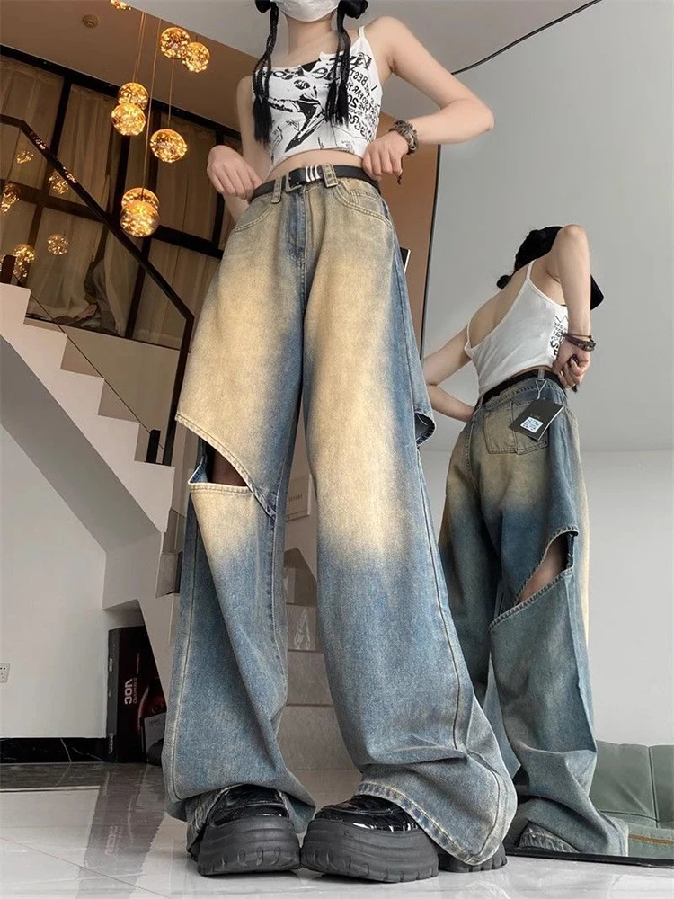 

Jmprs Streetwear Harajuku Hole Jeans Women Hip Hop Hollow Out American Denim Pants Vintage Loose High Waist Bf Straight Trousers