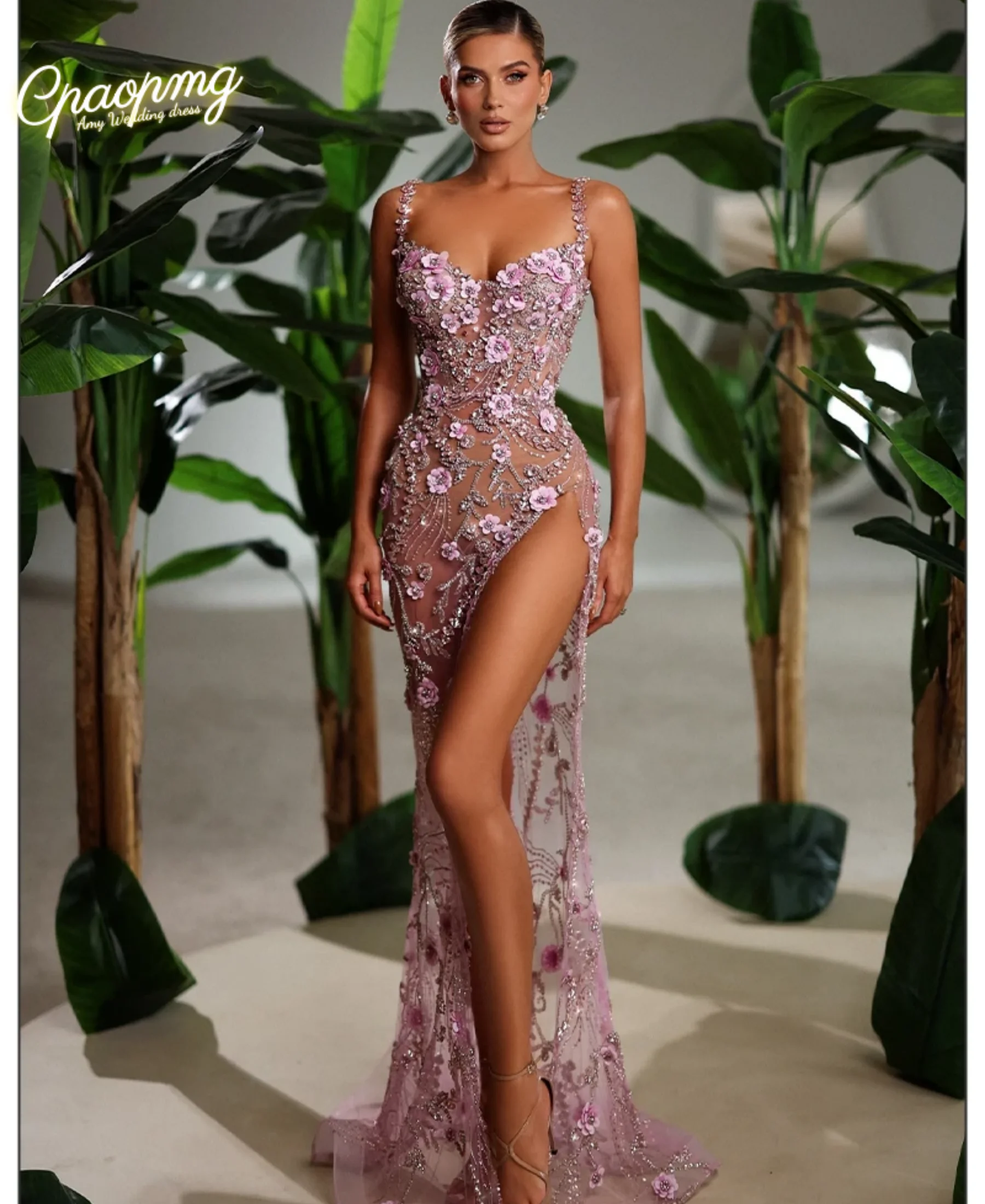 

Customized Strap Long Dress Pearls Sequins Structured Flowers High Split Sheer Mesh Trendy Party Gown