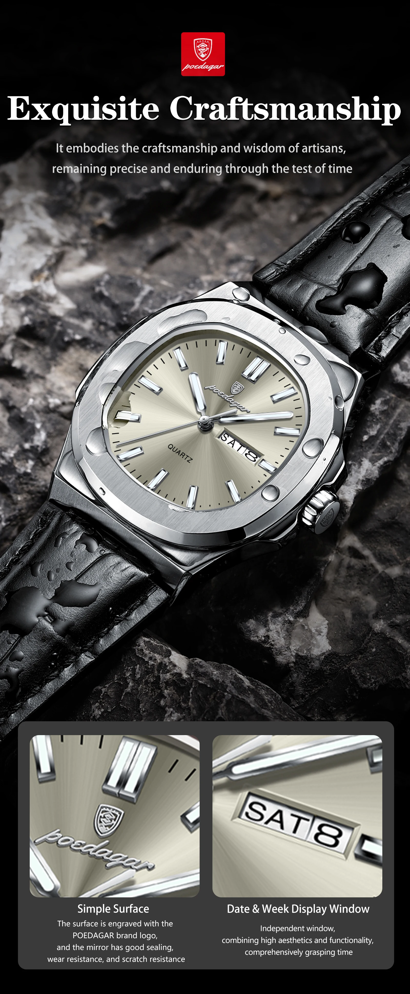 POEDAGAR Top Casual Herrenuhr Leuchtend Wasserdicht Leder Business Herren-Armbanduhr mit Wochentag und Datum Quarz Mode Herrenuhren Reloj – Detail 5