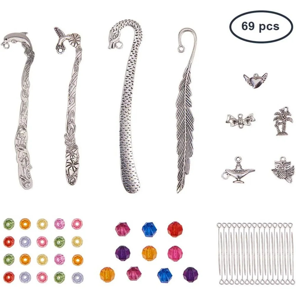 DIY 4 Set Metal Hook Bookmarks Making Kit Include Instruction 4pcs Dolphin Leaf Dragon Bird Bookmark, Assorted Beads, Heart/Tree