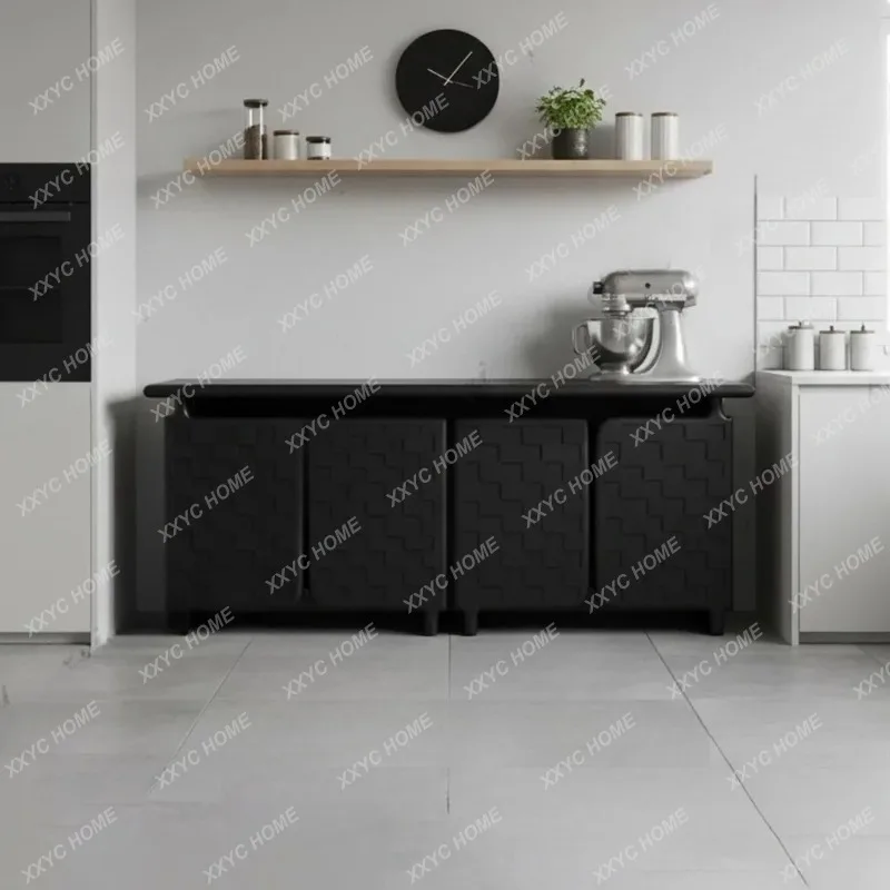 XXBlack solid wood sideboard, woven texture vintage storage cabinet, living room entryway sideboard