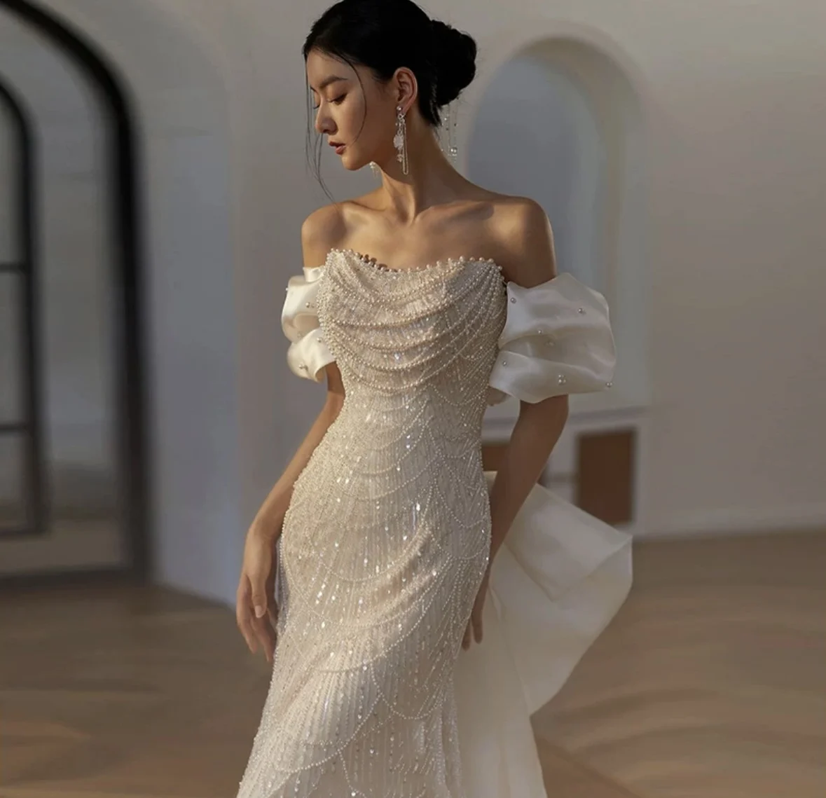 Luxury Beading Sequins Celebrity Dresses Puff Sleeve Bow Tain Pearl Chain Banquet Birthday Wedding Evening Gowns 2024 New