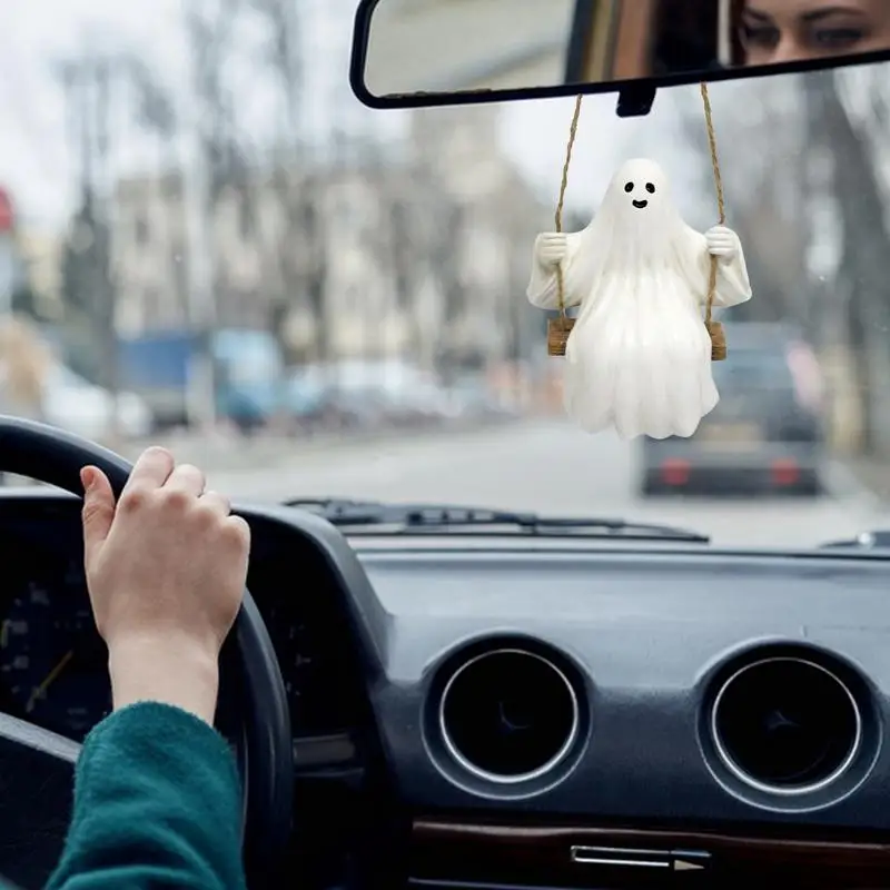 Ghost Rearview Car Decor Halloween Ghost Swing Pendant Rearview Mirrors Decor Cute Car Decor Suspending Charm Swinging Ghost