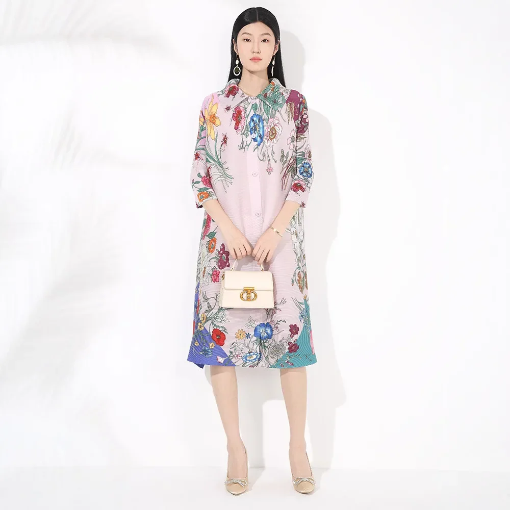 

Miyake Pleated Print Fashionable Shirt Cardigan Dress 2025 New Lapel Single-breasted Centre Sleeve Loose Stretch Midi Dresses