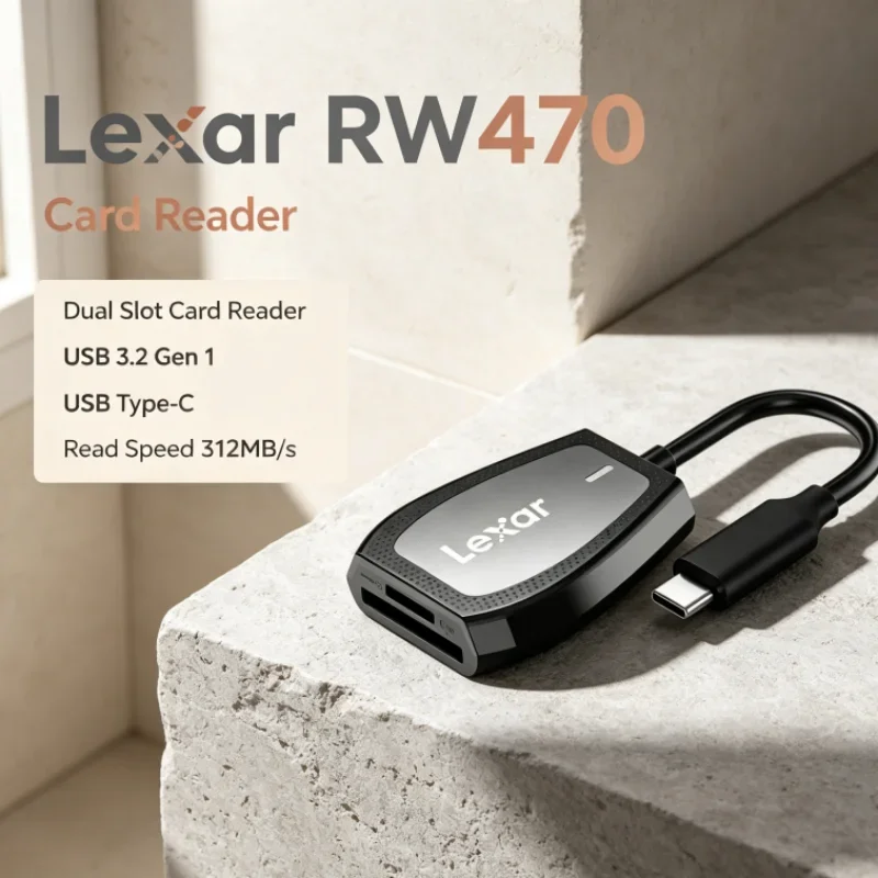 Lexar RW470 2-in-1 Type-C Dual Slot USB 3.2 Gen1 Card Reader SD microSD UHS-II Up to 312MB/s Read Speed for Photo Transfer