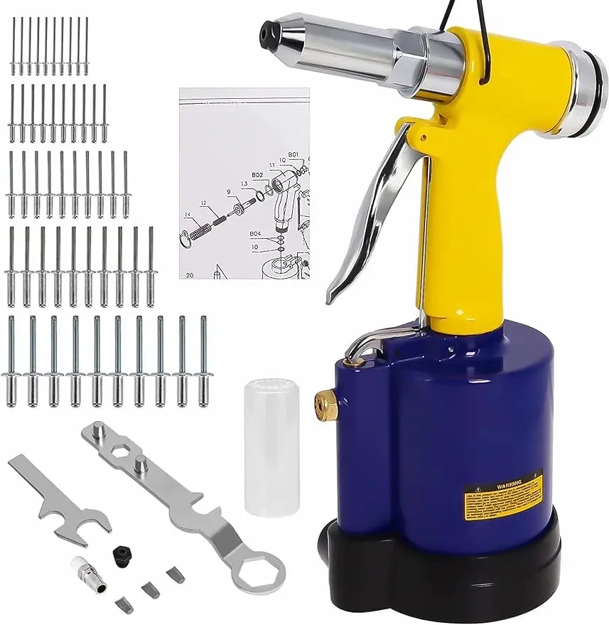 Pneumatic Rivet Gun Air Pop Riveter Gun Tool Kit 1/4" 3/16" 5/32" 1/8" and 3/32" Capacity Nosepieces