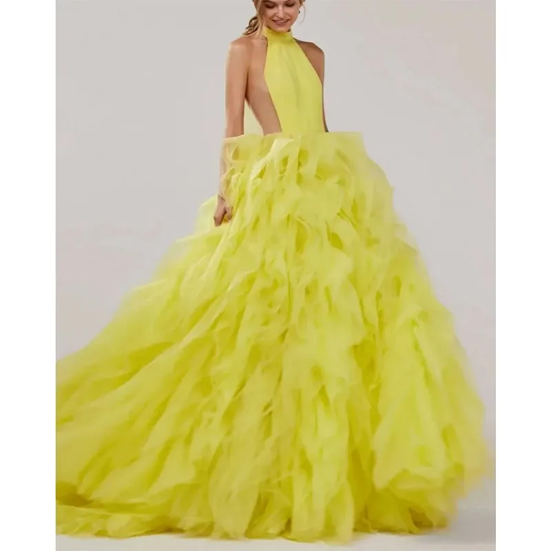 Sweet Lemon Yellow Prom Dresses 2024 Handmade Tulle Multi-layer Tulle Foraml Graduation Gowns Evening Dance Dress Robe De Soriee