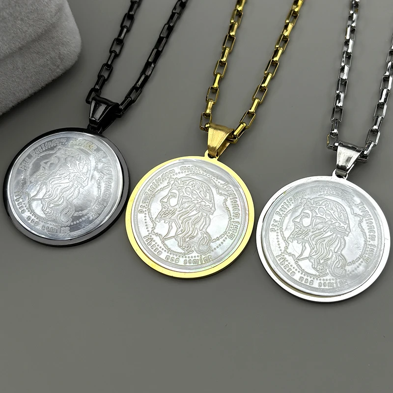 

Shell Jesus Crown of thorns Necklace for Women Men Stainless Steel Gold Color Chain Crucifix Medal Religious Prayer Jewelry