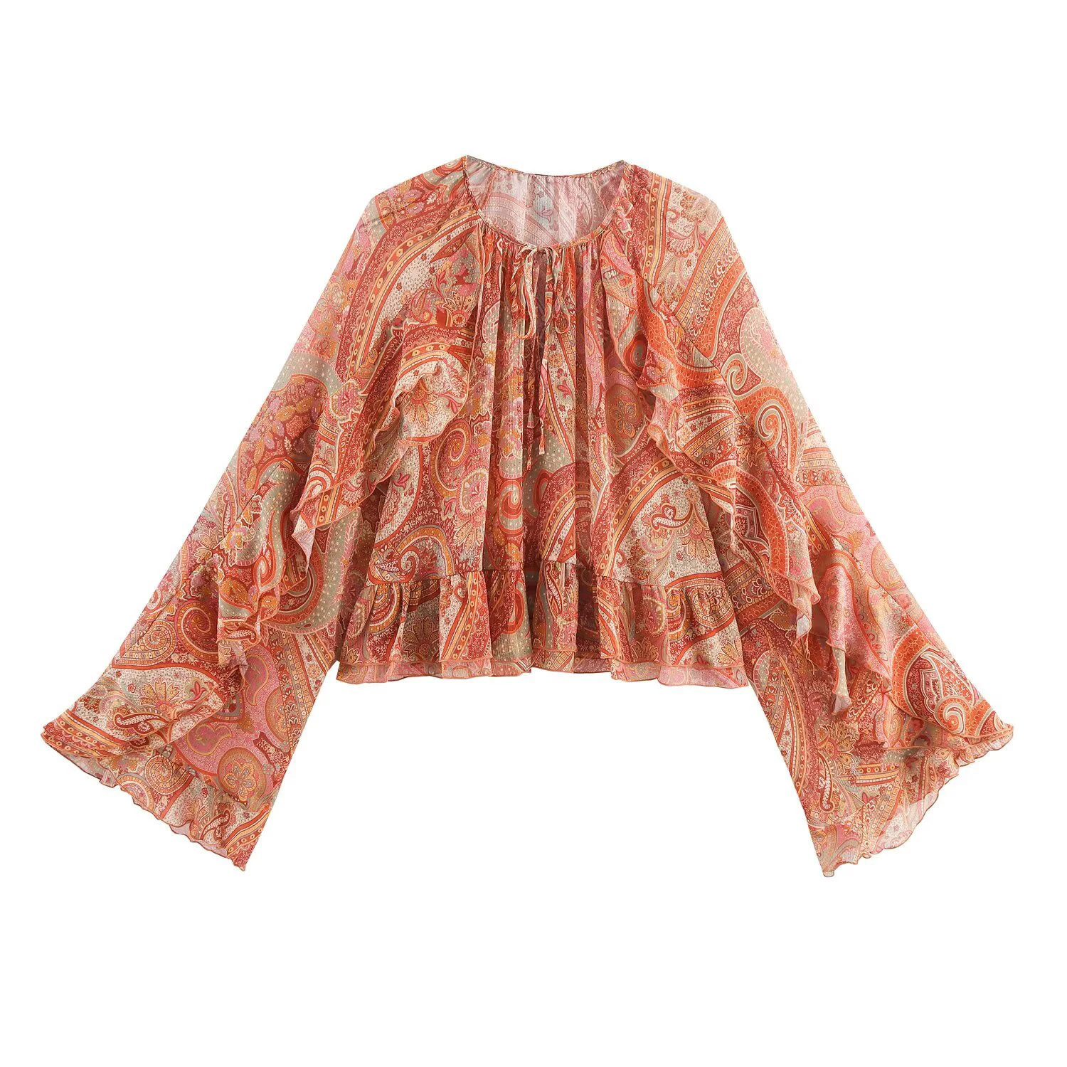 

European and American style 2025 autumn new women's casual round neck paisley printed trumpet sleeves ruffled loose top