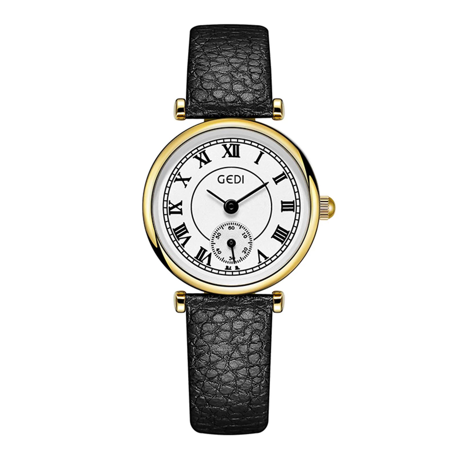 GEDI Watch Retro Roman Scale Dual Dial Gold-Plated Leather Strap Waterproof Women's Fashion Quartz Wristwatches