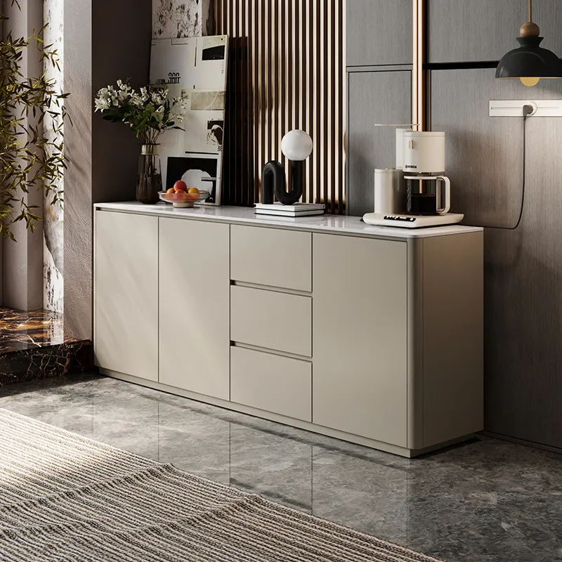 

Rock slab curved dining side cabinet integrated storage cabinet against the wall light luxury minimalist side cabinet