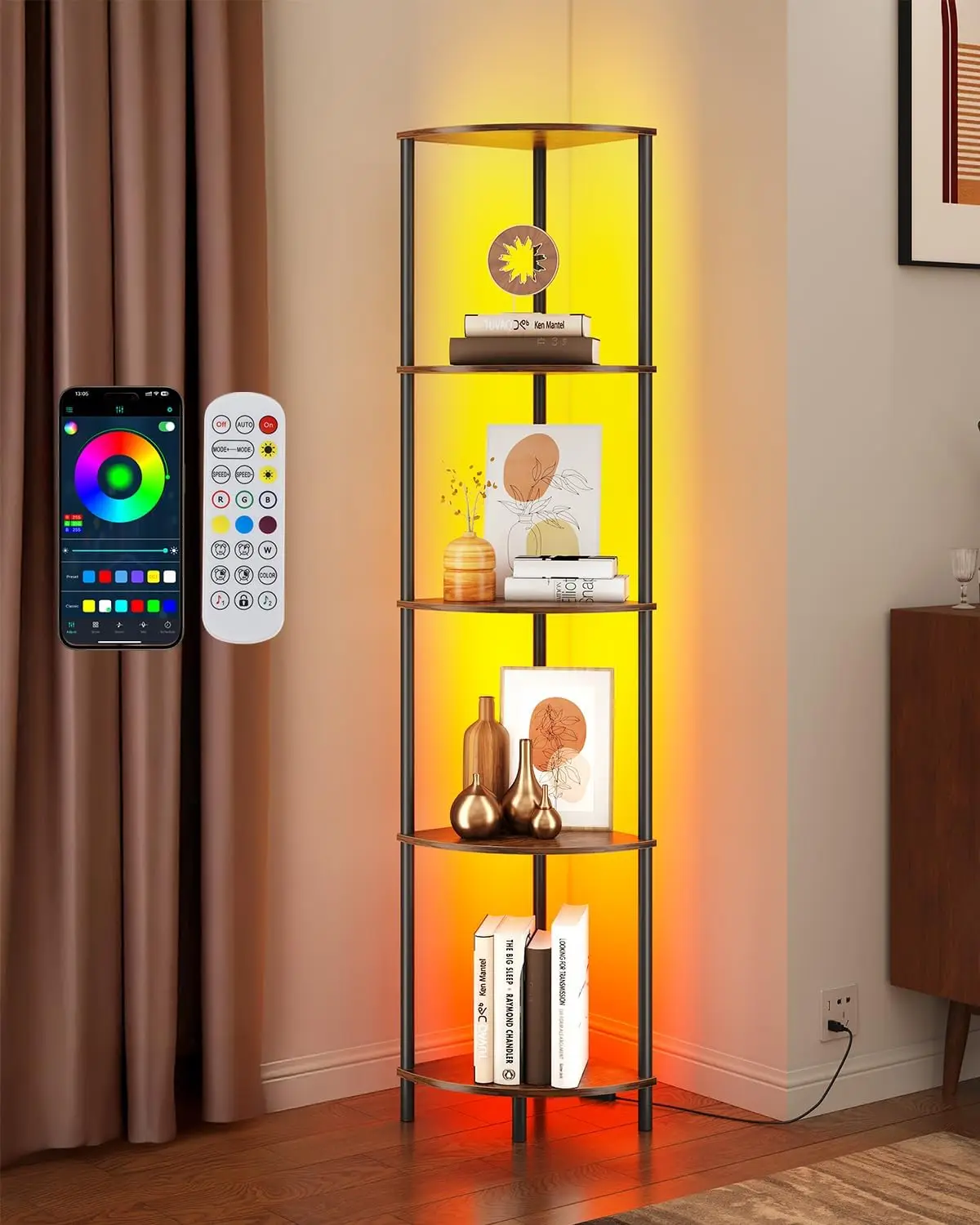 

5-Tier Corner Shelf with LED Light, Industrial Display for Living Room Decor, Multi-Unit Organizer and Plant Stand