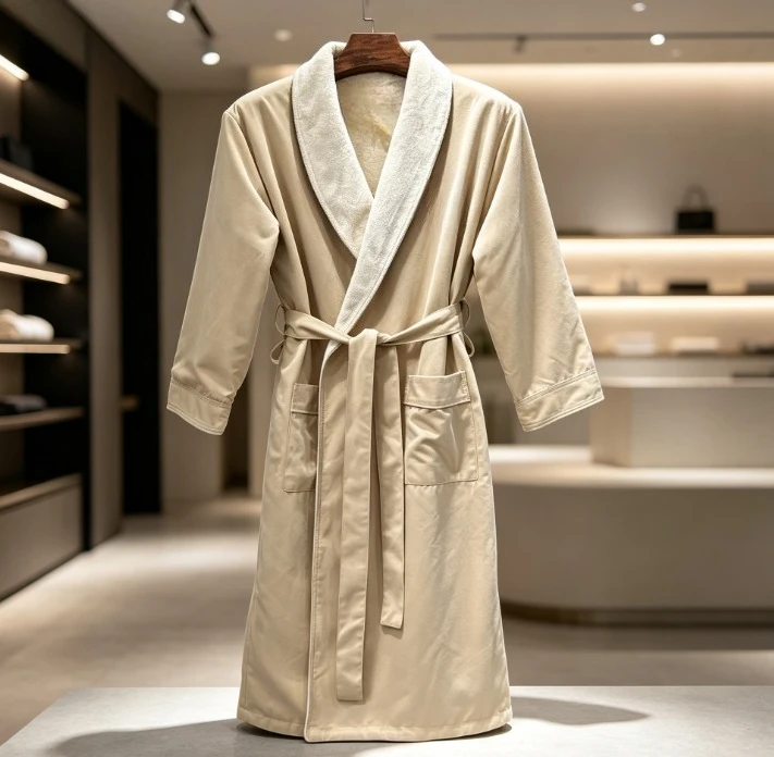 Double-layer long bathrobe for hotel shower, winter sleep robe five-star soft quality for men women with plush fabric.