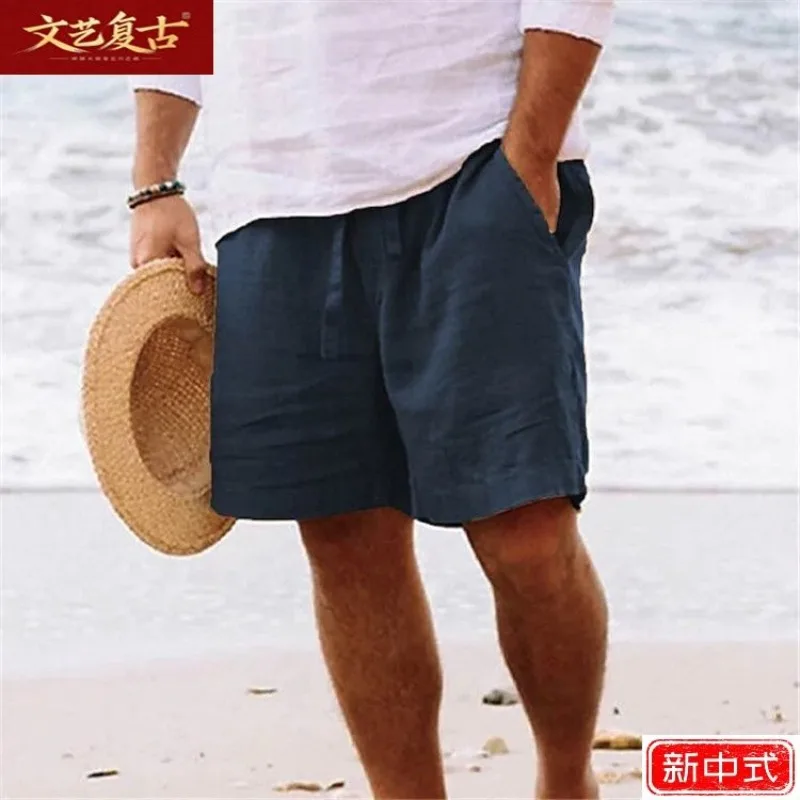 

Breathable Cotton Linen Shorts for Men Elastic Waist with Drawstring Casual Summer Pockets Comfortable Daily Wear