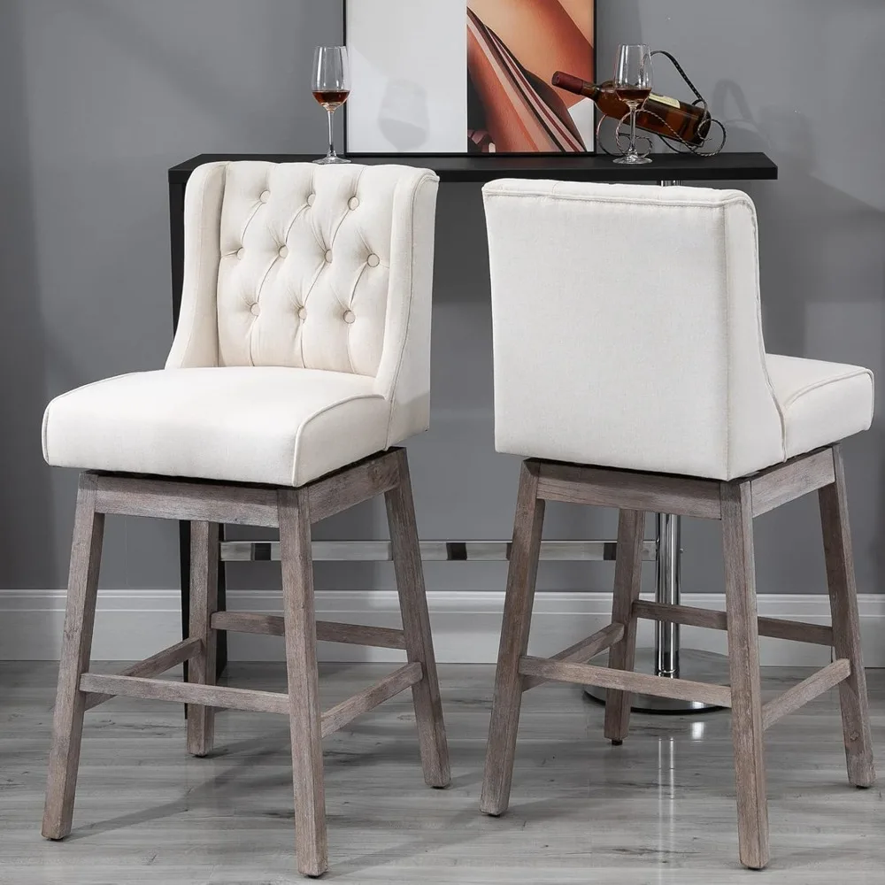 

Bar stool set, 2 180 degree rotating bar stools with solid wood footrests and button cluster design, 30 seat high