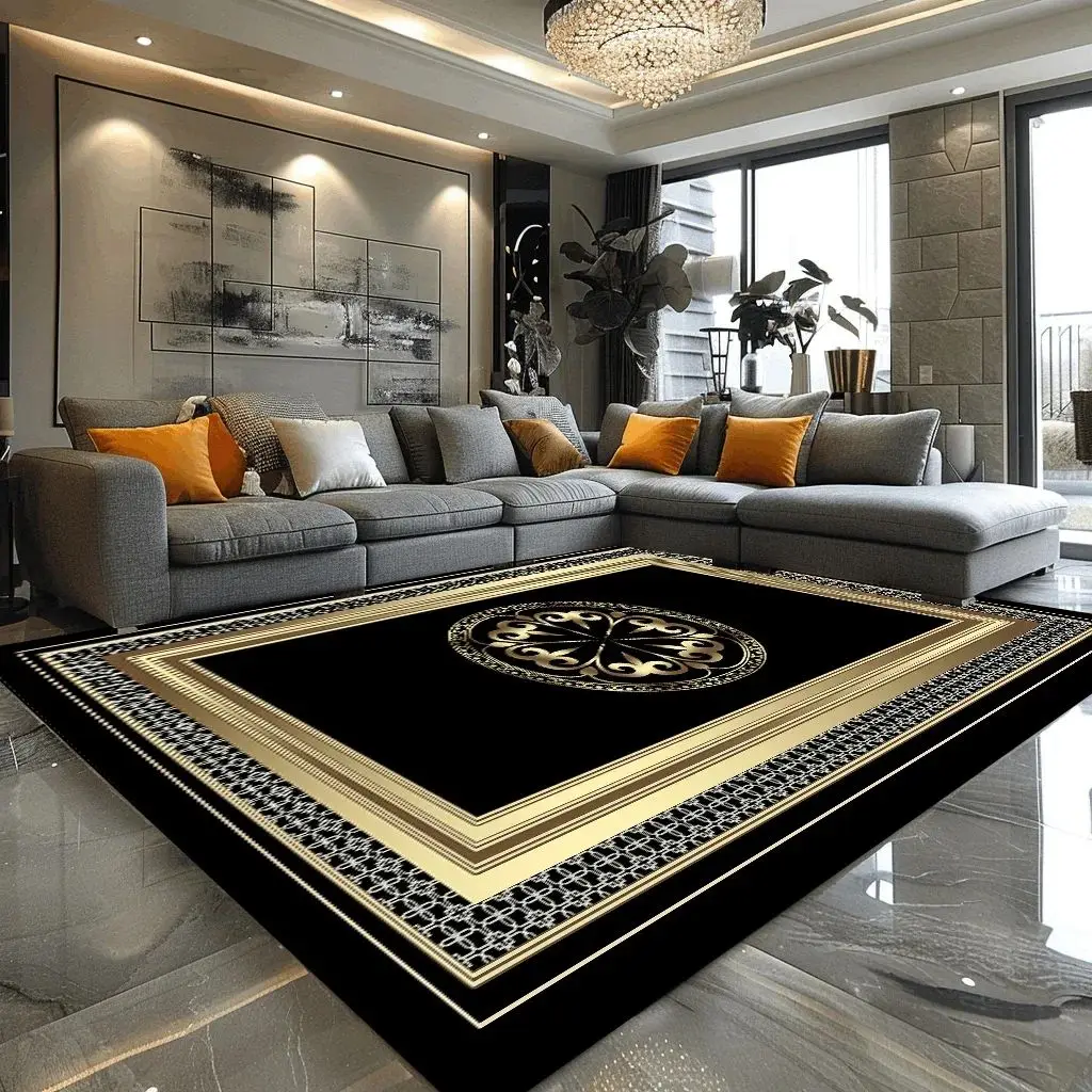 VIKAMA Luxury Large European Style Rug—Black Gold Living Room Sofa Carpet, Non-Slip Easy to Clean for Coffee Tables carpet