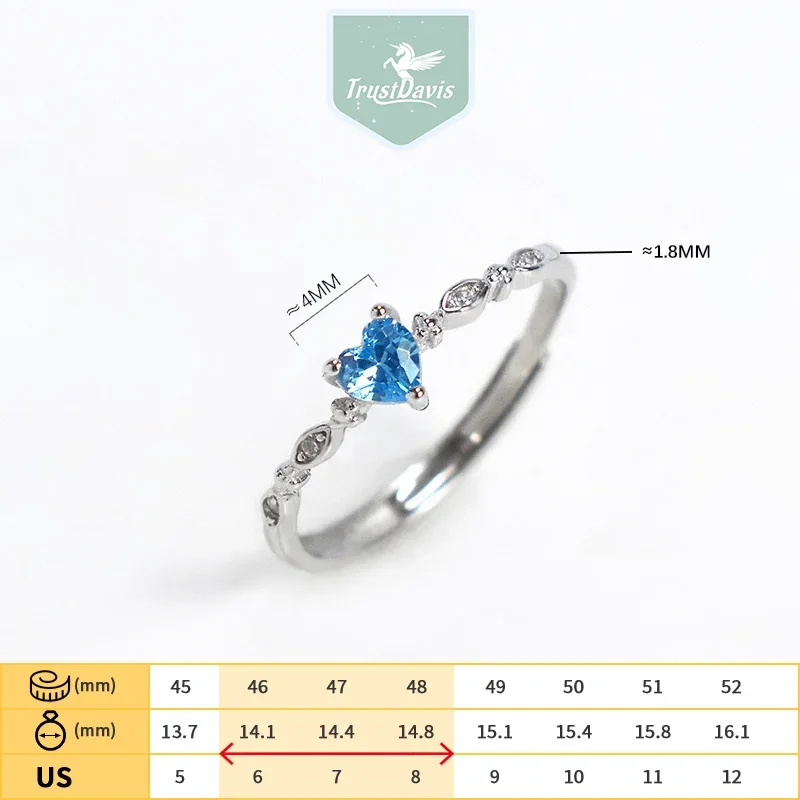 TrustDavis S925 Solid Sterling Silver Heart Color Zircon Cocktail Opening Ring for Women Grils Party Jewelry Wholesale DS3958