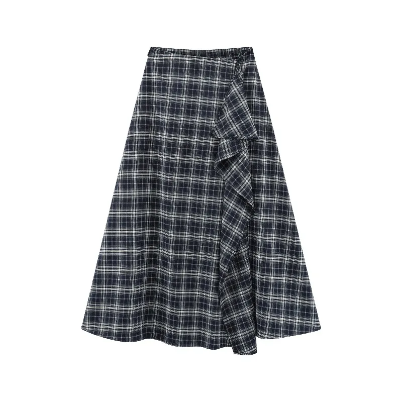 Preppy Plaid Skirt Women High Waist A-line Midi Skirt Elegant Asymmetric Flared Design Vintage Checkered Skirt for Autumn Casual