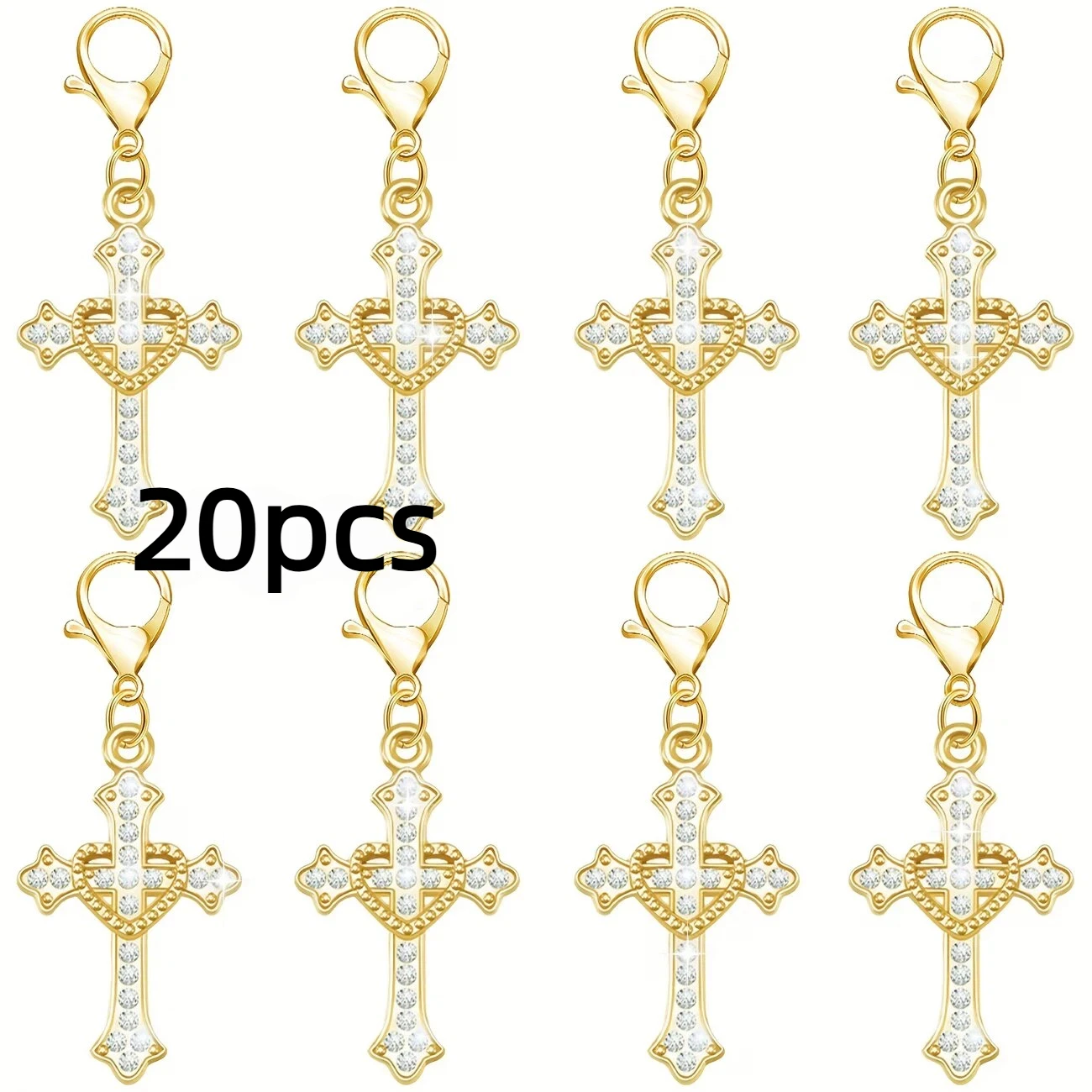 20 Pcs Gold Pearl Rhinestone Cross Keychain Charms, Religious Cross Bag Charms for Baptism, First Communion, Wedding Favors