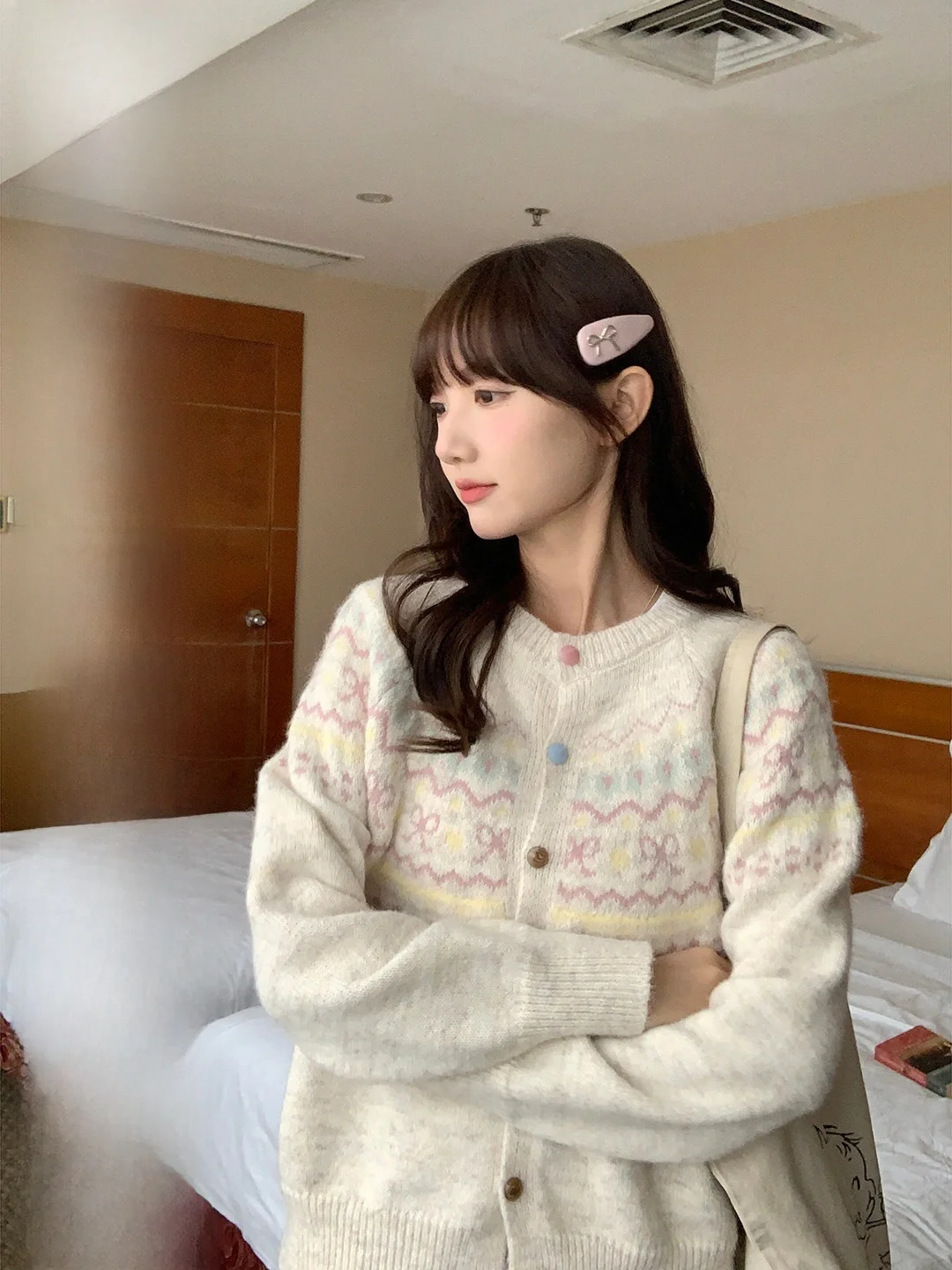 

Retro Fair Isle Knitwear Cardigan Spring 2026 Slimming Design Sensation Sweet Style Loose Fit Long Sleeve round Neck Top