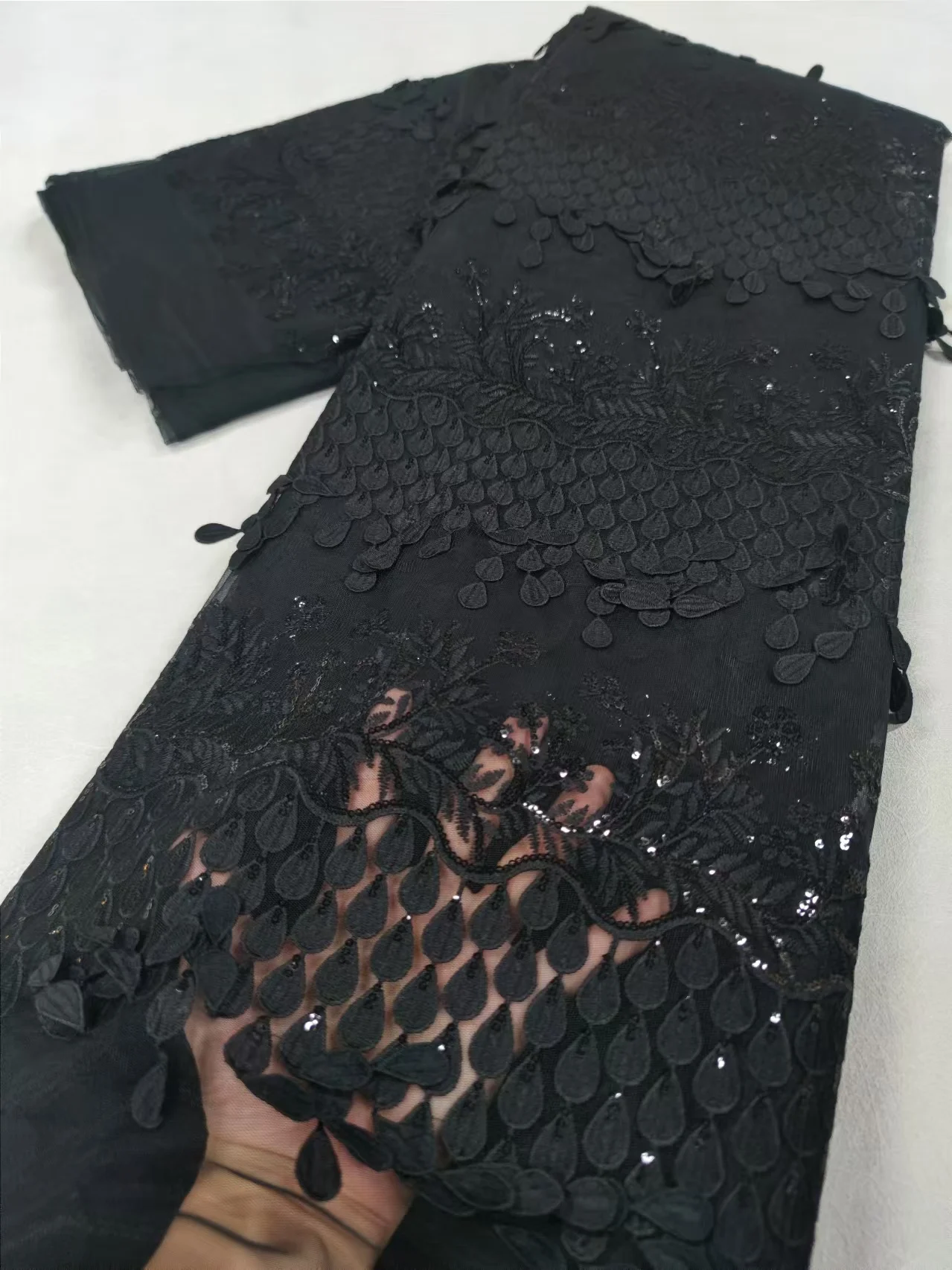 Latest African Lace Fabric 2024 High Quality,Fabrics By The Meters,Sequin,Tulle,Wedding Dresses,Embroidery,Mesh,Black,5 Yards